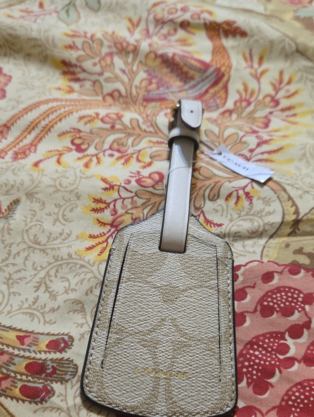 Coach Cream Signature Leather Luggage Tag with Gold Logo Bag Charm